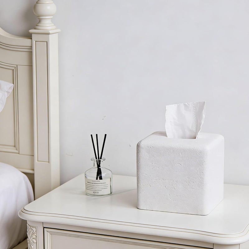 Polytree White Sandstone Tissue Box Cover Square for Home Decor,Resin Heavy Tissue Box Holder for Bathroom Countertop,Tabletop,Bedside Table,Office (Handmade of Resin) - Image 3